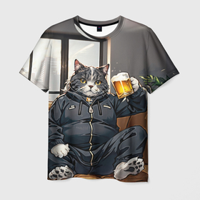 Мужская футболка 3D с принтом Толстый кот со стаканом пива в Белгороде, 100% полиэфир | прямой крой, круглый вырез горловины, длина до линии бедер | 