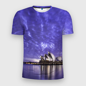 Мужская футболка 3D Slim с принтом Сидней в фиолетовом в закате в Белгороде, 100% полиэстер с улучшенными характеристиками | приталенный силуэт, круглая горловина, широкие плечи, сужается к линии бедра | 