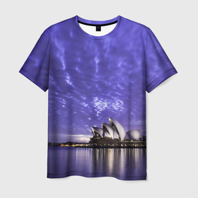 Мужская футболка 3D с принтом Сидней в фиолетовом в закате в Белгороде, 100% полиэфир | прямой крой, круглый вырез горловины, длина до линии бедер | 