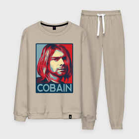 Мужской костюм хлопок с принтом Nirvana   Kurt Cobain в Белгороде, 100% хлопок | на свитшоте круглая горловина, мягкая резинка по низу. Брюки заужены к низу, на них два вида карманов: два “обычных” по бокам и два объемных, с клапанами, расположенные ниже линии бедра. Брюки с мягкой трикотажной резинкой на поясе и по низу штанин. В поясе для дополнительного комфорта — широкие завязки | Тематика изображения на принте: 