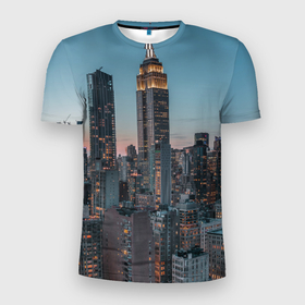 Мужская футболка 3D Slim с принтом Утренний город с небоскребами в Тюмени, 100% полиэстер с улучшенными характеристиками | приталенный силуэт, круглая горловина, широкие плечи, сужается к линии бедра | Тематика изображения на принте: 