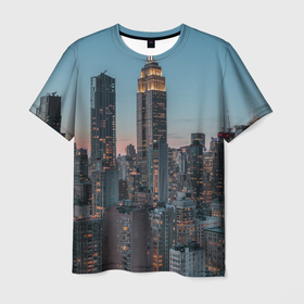 Мужская футболка 3D с принтом Утренний город с небоскребами в Тюмени, 100% полиэфир | прямой крой, круглый вырез горловины, длина до линии бедер | Тематика изображения на принте: 