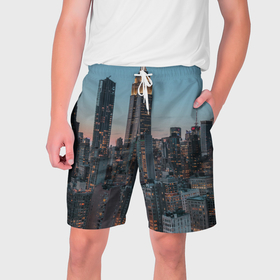 Мужские шорты 3D с принтом Утренний город с небоскребами в Тюмени,  полиэстер 100% | прямой крой, два кармана без застежек по бокам. Мягкая трикотажная резинка на поясе, внутри которой широкие завязки. Длина чуть выше колен | 