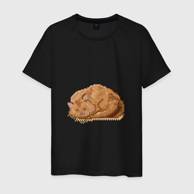Мужская футболка хлопок с принтом Пиксельный спящий котик в Тюмени, 100% хлопок | прямой крой, круглый вырез горловины, длина до линии бедер, слегка спущенное плечо. | Тематика изображения на принте: 