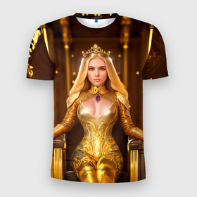 Мужская футболка 3D Slim с принтом Девушка королева на троне в Екатеринбурге, 100% полиэстер с улучшенными характеристиками | приталенный силуэт, круглая горловина, широкие плечи, сужается к линии бедра | 