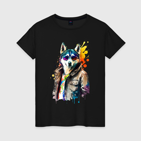 Женская футболка хлопок с принтом Собака хаски в одежде в Санкт-Петербурге, 100% хлопок | прямой крой, круглый вырез горловины, длина до линии бедер, слегка спущенное плечо | 