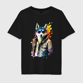 Мужская футболка хлопок Oversize с принтом Собака хаски в одежде в Белгороде, 100% хлопок | свободный крой, круглый ворот, “спинка” длиннее передней части | 