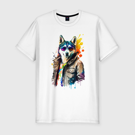 Мужская футболка хлопок Slim с принтом Собака хаски в одежде в Петрозаводске, 92% хлопок, 8% лайкра | приталенный силуэт, круглый вырез ворота, длина до линии бедра, короткий рукав | 