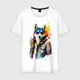 Мужская футболка хлопок с принтом Собака хаски в одежде в Белгороде, 100% хлопок | прямой крой, круглый вырез горловины, длина до линии бедер, слегка спущенное плечо. | 