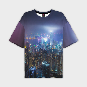 Мужская футболка oversize 3D с принтом Большой город в розово голубых огнях ,  |  | Тематика изображения на принте: 