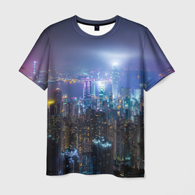 Мужская футболка 3D с принтом Большой город в розово голубых огнях , 100% полиэфир | прямой крой, круглый вырез горловины, длина до линии бедер | Тематика изображения на принте: 