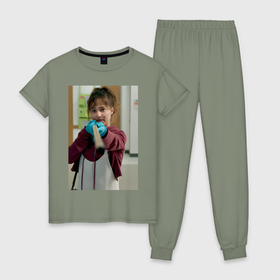 Женская пижама хлопок с принтом В метре друг от друга Стелла , 100% хлопок | брюки и футболка прямого кроя, без карманов, на брюках мягкая резинка на поясе и по низу штанин | 