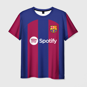 Мужская футболка 3D с принтом Роберт Левандовский Барселона форма 23 24 домашняя в Тюмени, 100% полиэфир | прямой крой, круглый вырез горловины, длина до линии бедер | Тематика изображения на принте: 