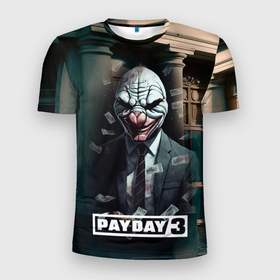 Мужская футболка 3D Slim с принтом Payday 3   mask в Тюмени, 100% полиэстер с улучшенными характеристиками | приталенный силуэт, круглая горловина, широкие плечи, сужается к линии бедра | 
