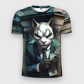 Мужская футболка 3D Slim с принтом Payday cat в Тюмени, 100% полиэстер с улучшенными характеристиками | приталенный силуэт, круглая горловина, широкие плечи, сужается к линии бедра | 