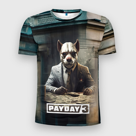 Мужская футболка 3D Slim с принтом Payday 3  dog в Тюмени, 100% полиэстер с улучшенными характеристиками | приталенный силуэт, круглая горловина, широкие плечи, сужается к линии бедра | 