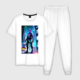 Мужская пижама хлопок с принтом Кенга   киберпанк   неоновый город в Петрозаводске, 100% хлопок | брюки и футболка прямого кроя, без карманов, на брюках мягкая резинка на поясе и по низу штанин
 | 