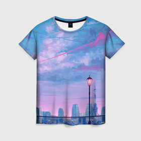 Женская футболка 3D с принтом Город и красочное небо в Тюмени, 100% полиэфир ( синтетическое хлопкоподобное полотно) | прямой крой, круглый вырез горловины, длина до линии бедер | 
