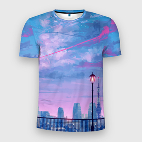 Мужская футболка 3D Slim с принтом Город и красочное небо в Тюмени, 100% полиэстер с улучшенными характеристиками | приталенный силуэт, круглая горловина, широкие плечи, сужается к линии бедра | 