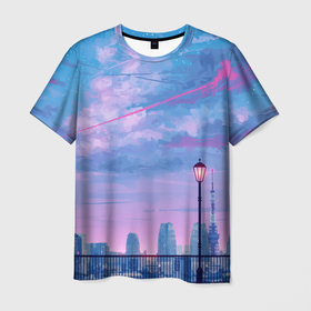Мужская футболка 3D с принтом Город и красочное небо в Тюмени, 100% полиэфир | прямой крой, круглый вырез горловины, длина до линии бедер | 