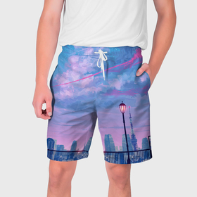Мужские шорты 3D с принтом Город и красочное небо в Тюмени,  полиэстер 100% | прямой крой, два кармана без застежек по бокам. Мягкая трикотажная резинка на поясе, внутри которой широкие завязки. Длина чуть выше колен | 