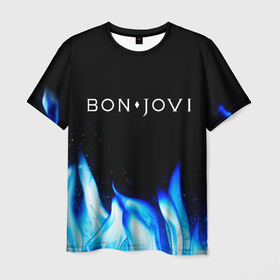 Мужская футболка 3D с принтом Bon Jovi blue fire в Петрозаводске, 100% полиэфир | прямой крой, круглый вырез горловины, длина до линии бедер | Тематика изображения на принте: 