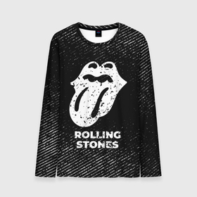 Мужской лонгслив 3D с принтом Rolling Stones с потертостями на темном фоне в Курске, 100% полиэстер | длинные рукава, круглый вырез горловины, полуприлегающий силуэт | 