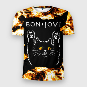 Мужская футболка 3D Slim с принтом Bon Jovi рок кот и огонь в Санкт-Петербурге, 100% полиэстер с улучшенными характеристиками | приталенный силуэт, круглая горловина, широкие плечи, сужается к линии бедра | 