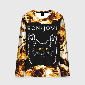 Мужской лонгслив 3D с принтом Bon Jovi рок кот и огонь в Санкт-Петербурге, 100% полиэстер | длинные рукава, круглый вырез горловины, полуприлегающий силуэт | 