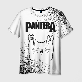 Мужская футболка 3D с принтом Pantera рок кот на светлом фоне в Белгороде, 100% полиэфир | прямой крой, круглый вырез горловины, длина до линии бедер | 
