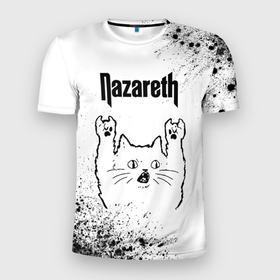 Мужская футболка 3D Slim с принтом Nazareth рок кот на светлом фоне в Петрозаводске, 100% полиэстер с улучшенными характеристиками | приталенный силуэт, круглая горловина, широкие плечи, сужается к линии бедра | Тематика изображения на принте: 