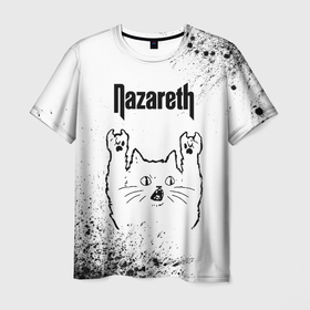 Мужская футболка 3D с принтом Nazareth рок кот на светлом фоне , 100% полиэфир | прямой крой, круглый вырез горловины, длина до линии бедер | 