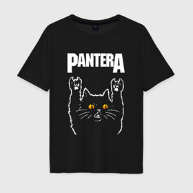 Мужская футболка хлопок Oversize с принтом Pantera rock cat в Курске, 100% хлопок | свободный крой, круглый ворот, “спинка” длиннее передней части | 