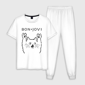 Мужская пижама хлопок с принтом Bon Jovi   rock cat в Курске, 100% хлопок | брюки и футболка прямого кроя, без карманов, на брюках мягкая резинка на поясе и по низу штанин
 | 