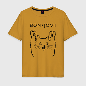 Мужская футболка хлопок Oversize с принтом Bon Jovi   rock cat в Белгороде, 100% хлопок | свободный крой, круглый ворот, “спинка” длиннее передней части | 