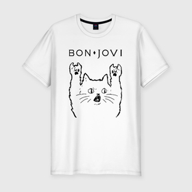 Мужская футболка хлопок Slim с принтом Bon Jovi   rock cat в Екатеринбурге, 92% хлопок, 8% лайкра | приталенный силуэт, круглый вырез ворота, длина до линии бедра, короткий рукав | 