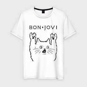 Мужская футболка хлопок с принтом Bon Jovi   rock cat , 100% хлопок | прямой крой, круглый вырез горловины, длина до линии бедер, слегка спущенное плечо. | 