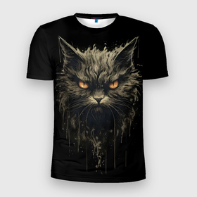 Мужская футболка 3D Slim с принтом Злой и красивый котик в Белгороде, 100% полиэстер с улучшенными характеристиками | приталенный силуэт, круглая горловина, широкие плечи, сужается к линии бедра | Тематика изображения на принте: 