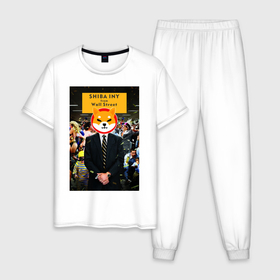 Мужская пижама хлопок с принтом Shiba Inu from Wall Street в Новосибирске, 100% хлопок | брюки и футболка прямого кроя, без карманов, на брюках мягкая резинка на поясе и по низу штанин
 | 
