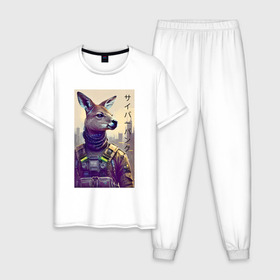 Мужская пижама хлопок с принтом Kangaroo   cyberpunk   neural network в Новосибирске, 100% хлопок | брюки и футболка прямого кроя, без карманов, на брюках мягкая резинка на поясе и по низу штанин
 | 