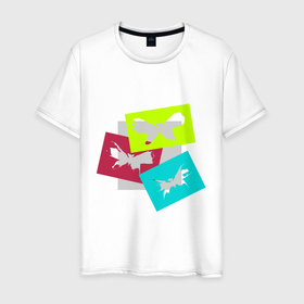 Мужская футболка хлопок с принтом Разноцветные бабочки   Хуф и Ся в Тюмени, 100% хлопок | прямой крой, круглый вырез горловины, длина до линии бедер, слегка спущенное плечо. | Тематика изображения на принте: 