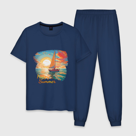 Мужская пижама хлопок с принтом Счастливое яркое лето в Тюмени, 100% хлопок | брюки и футболка прямого кроя, без карманов, на брюках мягкая резинка на поясе и по низу штанин
 | Тематика изображения на принте: 