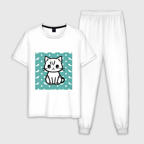 Мужская пижама хлопок с принтом Котик улыбается в Тюмени, 100% хлопок | брюки и футболка прямого кроя, без карманов, на брюках мягкая резинка на поясе и по низу штанин
 | 