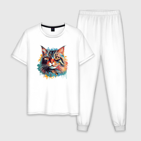 Мужская пижама хлопок с принтом Портрет полосатого кота в стиле гранж в Петрозаводске, 100% хлопок | брюки и футболка прямого кроя, без карманов, на брюках мягкая резинка на поясе и по низу штанин
 | 