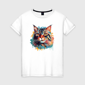 Женская футболка хлопок с принтом Портрет полосатого кота в стиле гранж в Петрозаводске, 100% хлопок | прямой крой, круглый вырез горловины, длина до линии бедер, слегка спущенное плечо | 