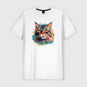 Мужская футболка хлопок Slim с принтом Портрет полосатого кота в стиле гранж в Петрозаводске, 92% хлопок, 8% лайкра | приталенный силуэт, круглый вырез ворота, длина до линии бедра, короткий рукав | 