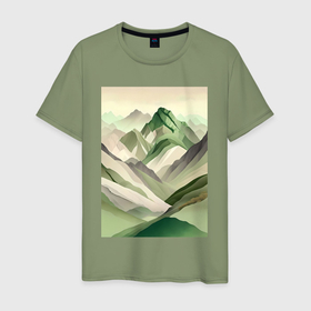 Мужская футболка хлопок с принтом Зелёные горы   минимализм   нейросеть в Екатеринбурге, 100% хлопок | прямой крой, круглый вырез горловины, длина до линии бедер, слегка спущенное плечо. | 