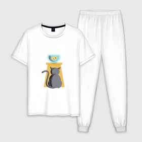 Мужская пижама хлопок с принтом Кот и рыба в аквариуме , 100% хлопок | брюки и футболка прямого кроя, без карманов, на брюках мягкая резинка на поясе и по низу штанин
 | 