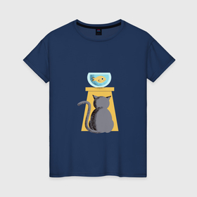 Женская футболка хлопок с принтом Кот и рыба в аквариуме , 100% хлопок | прямой крой, круглый вырез горловины, длина до линии бедер, слегка спущенное плечо | Тематика изображения на принте: 