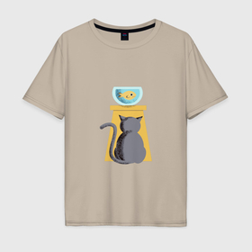 Мужская футболка хлопок Oversize с принтом Кот и рыба в аквариуме , 100% хлопок | свободный крой, круглый ворот, “спинка” длиннее передней части | Тематика изображения на принте: 